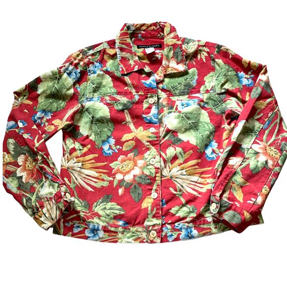 Alexis & Avery 100% Cotton Red Floral Denim Button Front Jacket Size Medium - Picture 1 of 7